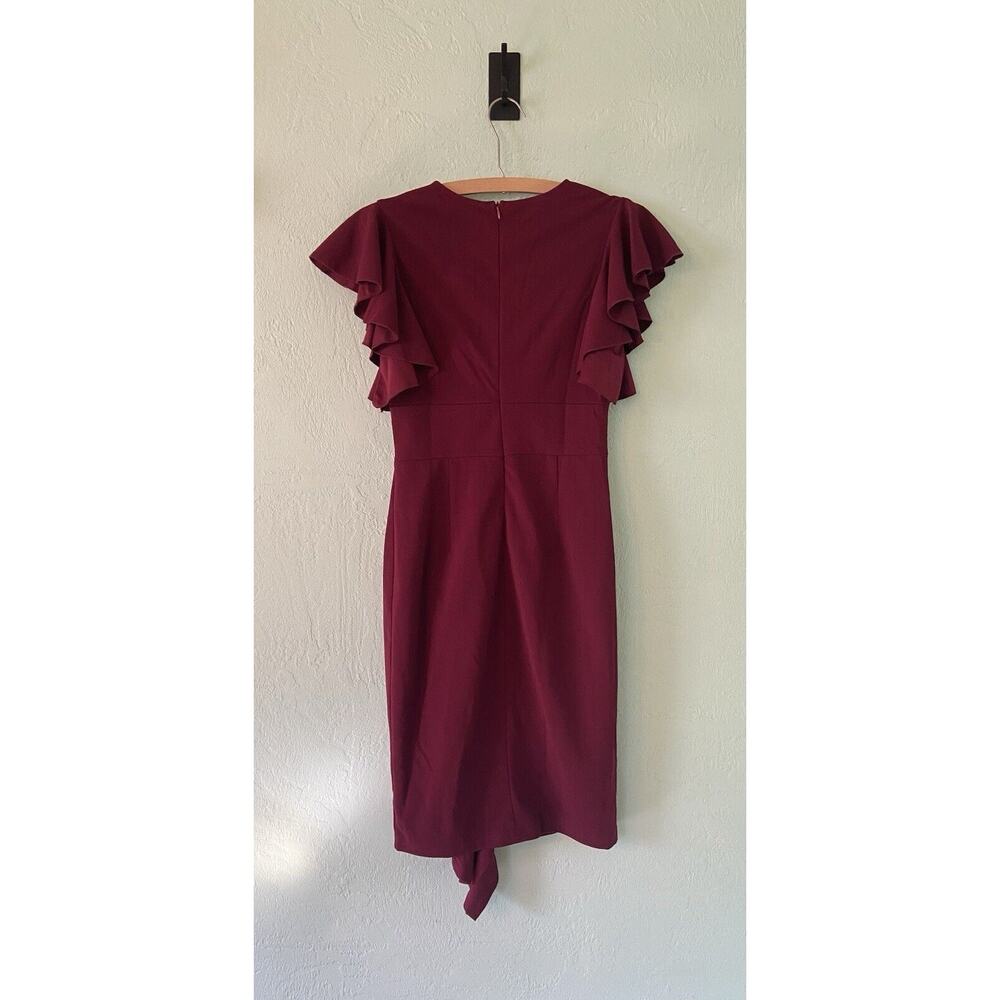 Knitee Womens Dress Medium Wine Short Ruffle Sleeve Stretchy Deep V Neck Slit - Picture 2 of 4